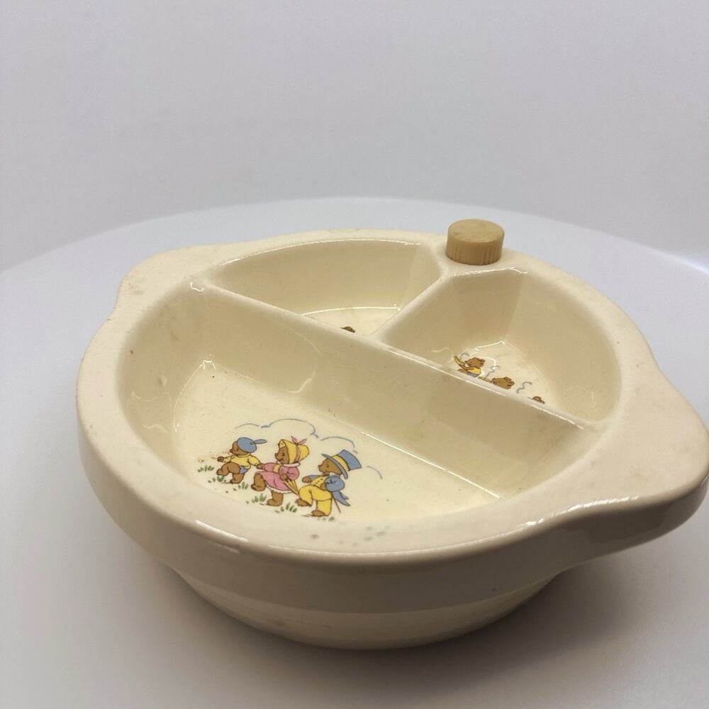 Vtg Ceramic Baby Food Warming Dish 1946 | 3 Little Bears | Vintage Nursery Gift